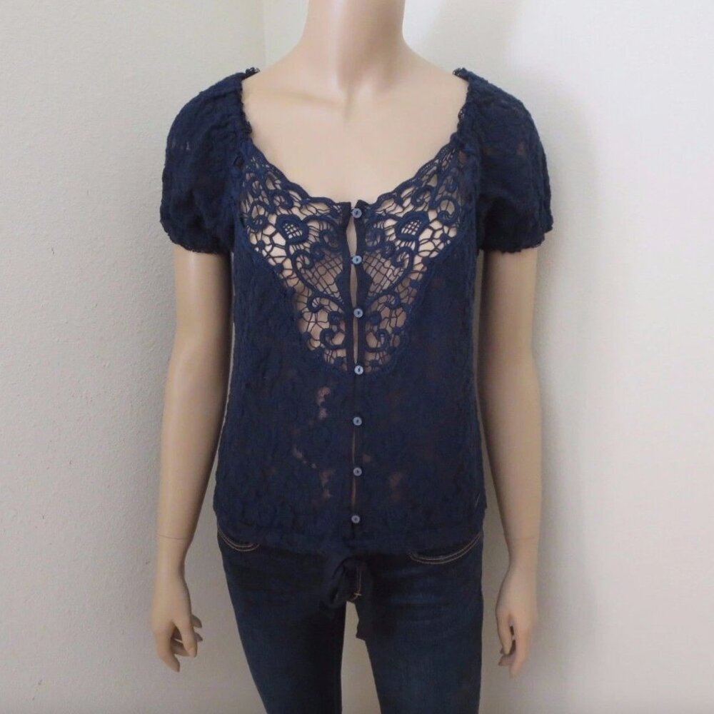 NWT Abercrombie Womens Crochet Lace Top Size Small Shirt Navy Blue